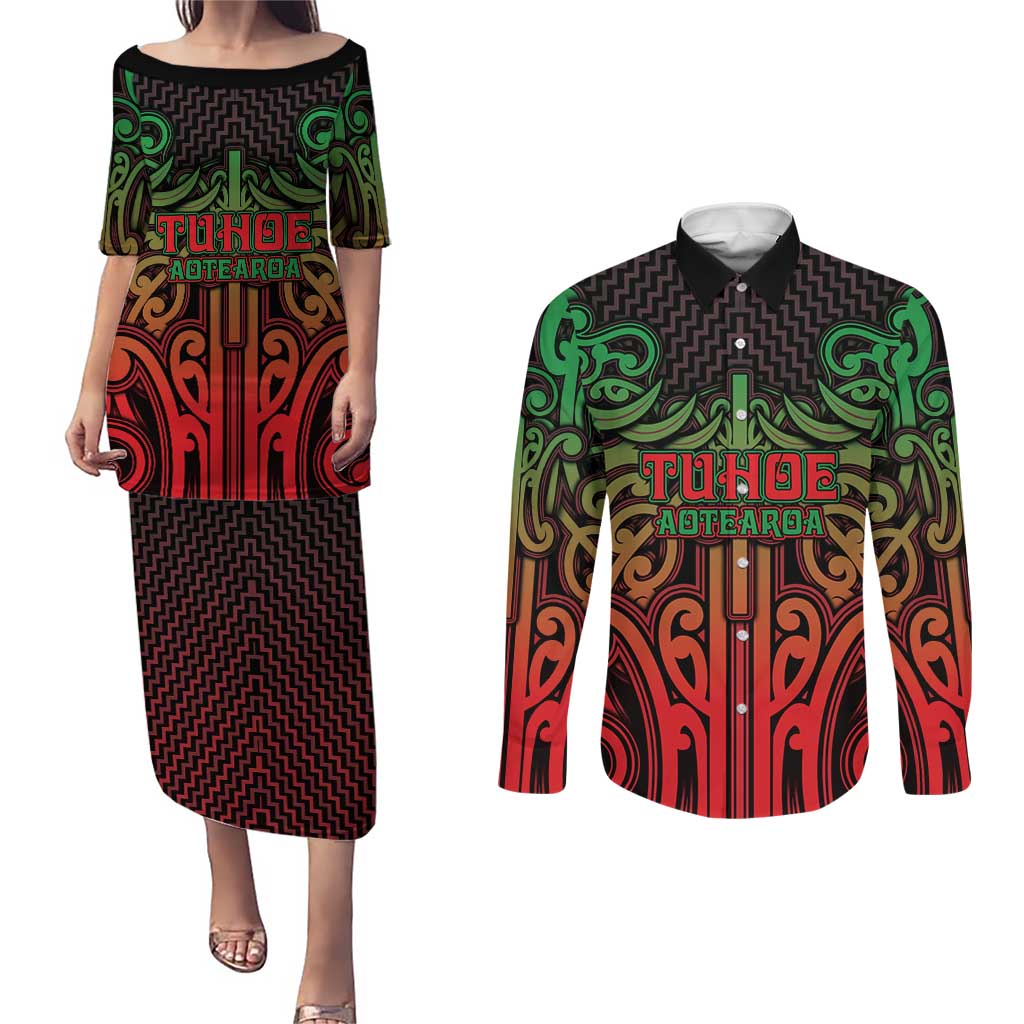 Custom Aotearoa Tuhoe Couples Matching Puletasi and Long Sleeve Button Shirt Maori Tribal Pattern Mix Poutama LT05 Black - Polynesian Pride