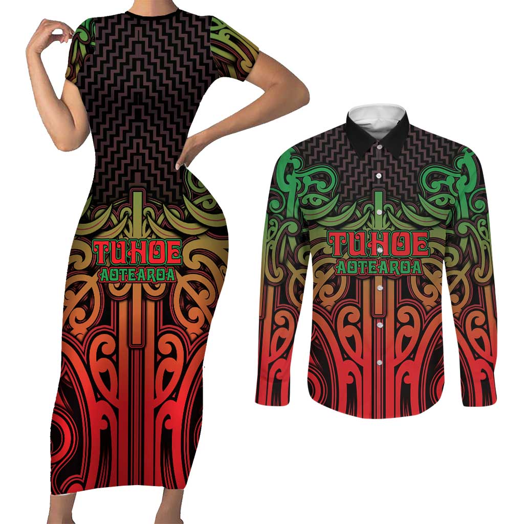 Custom Aotearoa Tuhoe Couples Matching Short Sleeve Bodycon Dress and Long Sleeve Button Shirt Maori Tribal Pattern Mix Poutama LT05 Black - Polynesian Pride
