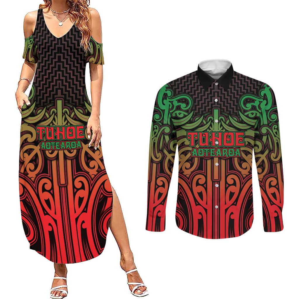 Custom Aotearoa Tuhoe Couples Matching Summer Maxi Dress and Long Sleeve Button Shirt Maori Tribal Pattern Mix Poutama LT05 Black - Polynesian Pride