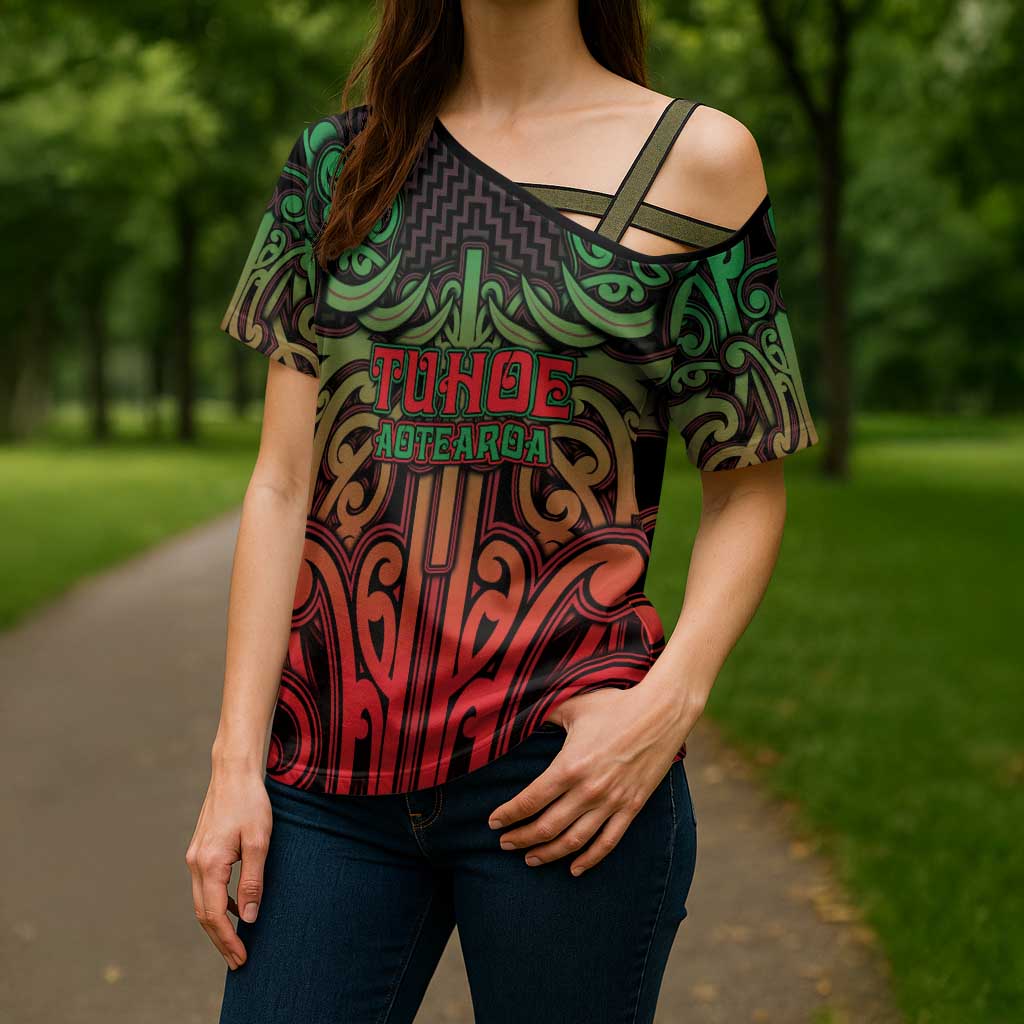 Custom Aotearoa Tuhoe Cross Shoulder Shirt Maori Tribal Pattern Mix Poutama