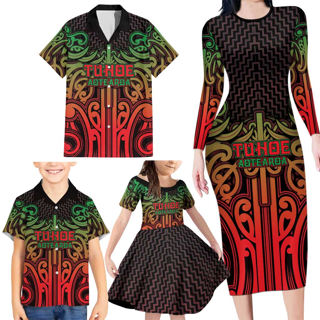 Custom Aotearoa Tuhoe Family Matching Long Sleeve Bodycon Dress and Hawaiian Shirt Maori Tribal Pattern Mix Poutama LT05 - Polynesian Pride