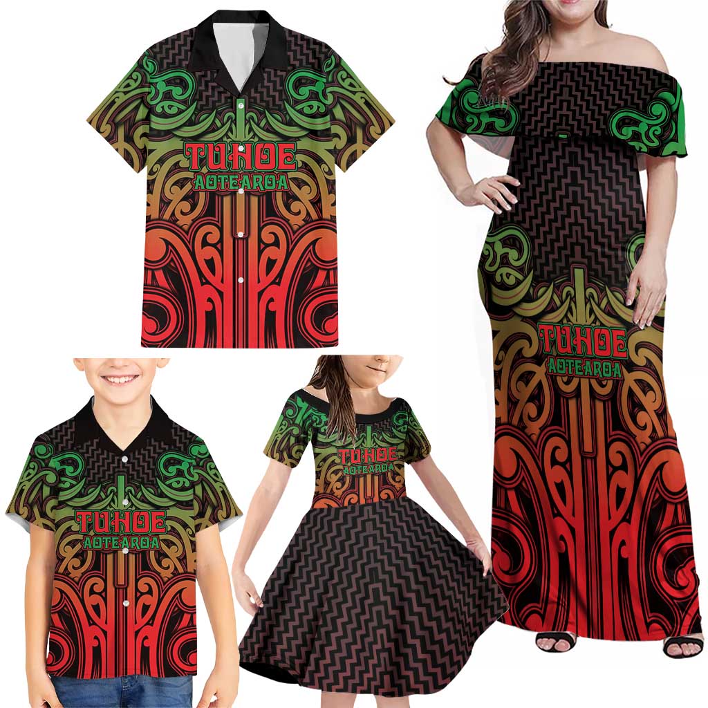 Custom Aotearoa Tuhoe Family Matching Off Shoulder Maxi Dress and Hawaiian Shirt Maori Tribal Pattern Mix Poutama