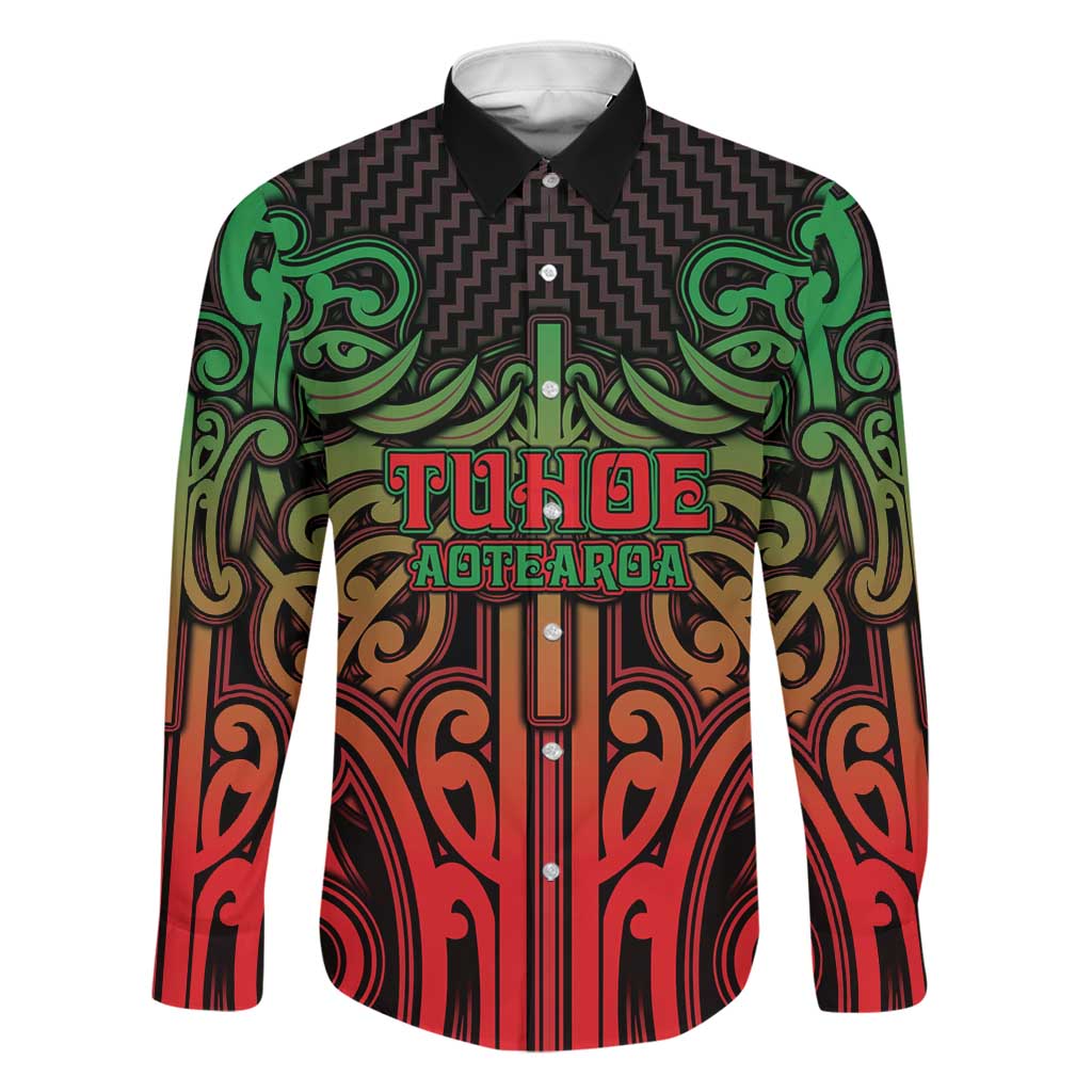 Custom Aotearoa Tuhoe Family Matching Off Shoulder Maxi Dress and Hawaiian Shirt Maori Tribal Pattern Mix Poutama LT05 Dad's Shirt - Long Sleeve Black - Polynesian Pride