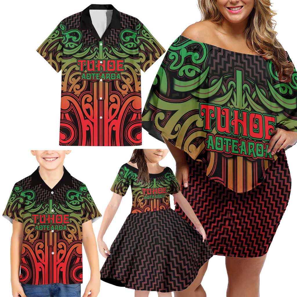 Custom Aotearoa Tuhoe Family Matching Off Shoulder Short Dress and Hawaiian Shirt Maori Tribal Pattern Mix Poutama