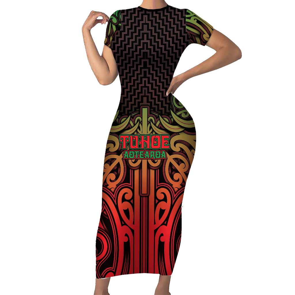 Custom Aotearoa Tuhoe Family Matching Short Sleeve Bodycon Dress and Hawaiian Shirt Maori Tribal Pattern Mix Poutama LT05 Mom's Dress Black - Polynesian Pride