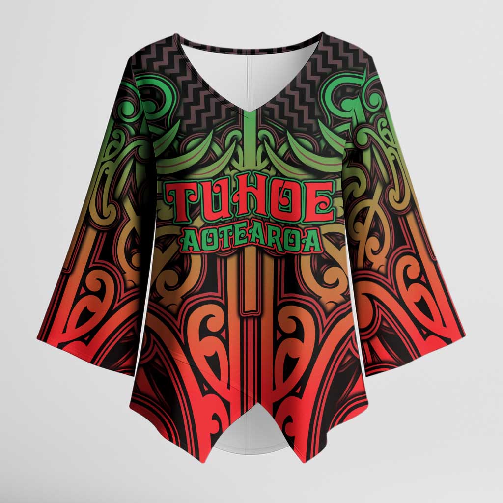 Custom Aotearoa Tuhoe Kimono Sleeve Blouse Maori Tribal Pattern Mix Poutama