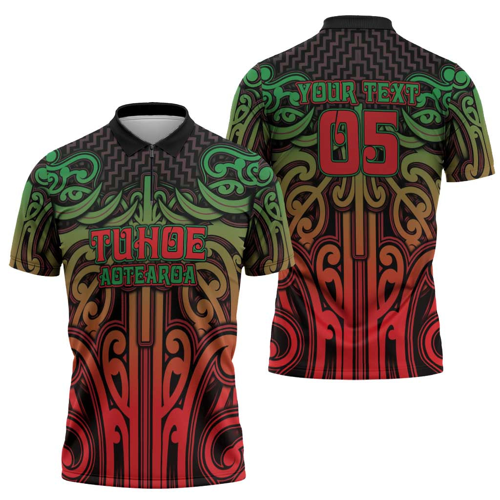 Custom Aotearoa Tuhoe Zipper Polo Shirt Maori Tribal Pattern Mix Poutama