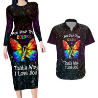 I See Your True Colors Personalised Couples Matching Long Sleeve Bodycon Dress and Hawaiian Shirt Autism Awareness LT05 Black - Polynesian Pride