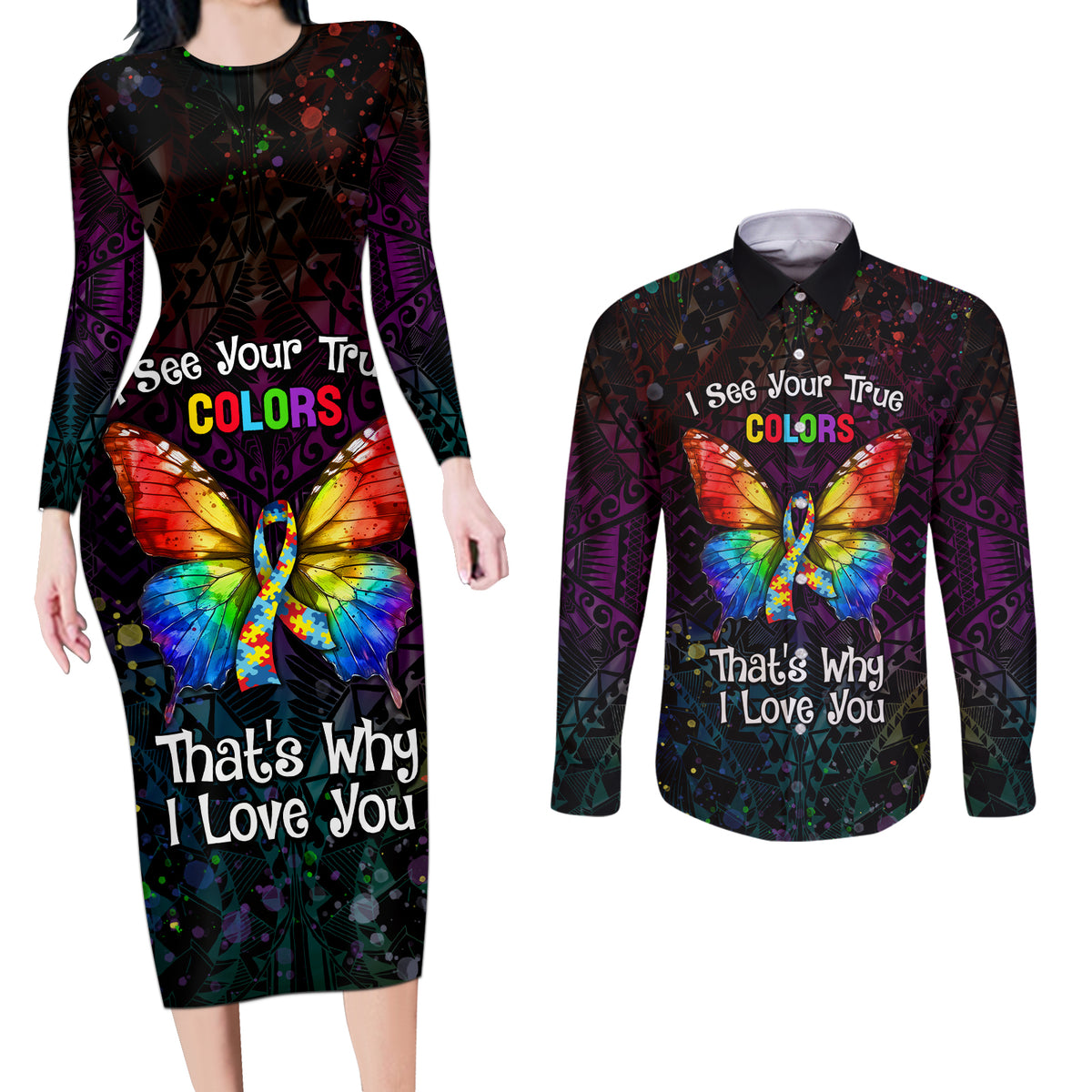 I See Your True Colors Personalised Couples Matching Long Sleeve Bodycon Dress and Long Sleeve Button Shirt Autism Awareness LT05 Black - Polynesian Pride