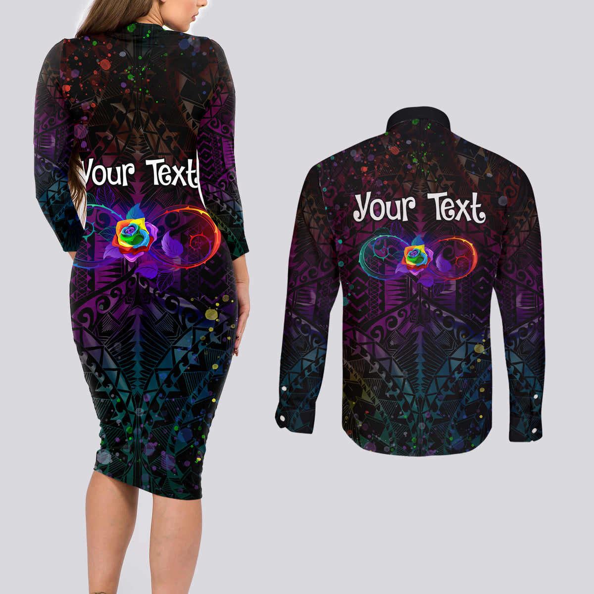 I See Your True Colors Personalised Couples Matching Long Sleeve Bodycon Dress and Long Sleeve Button Shirt Autism Awareness LT05 - Polynesian Pride