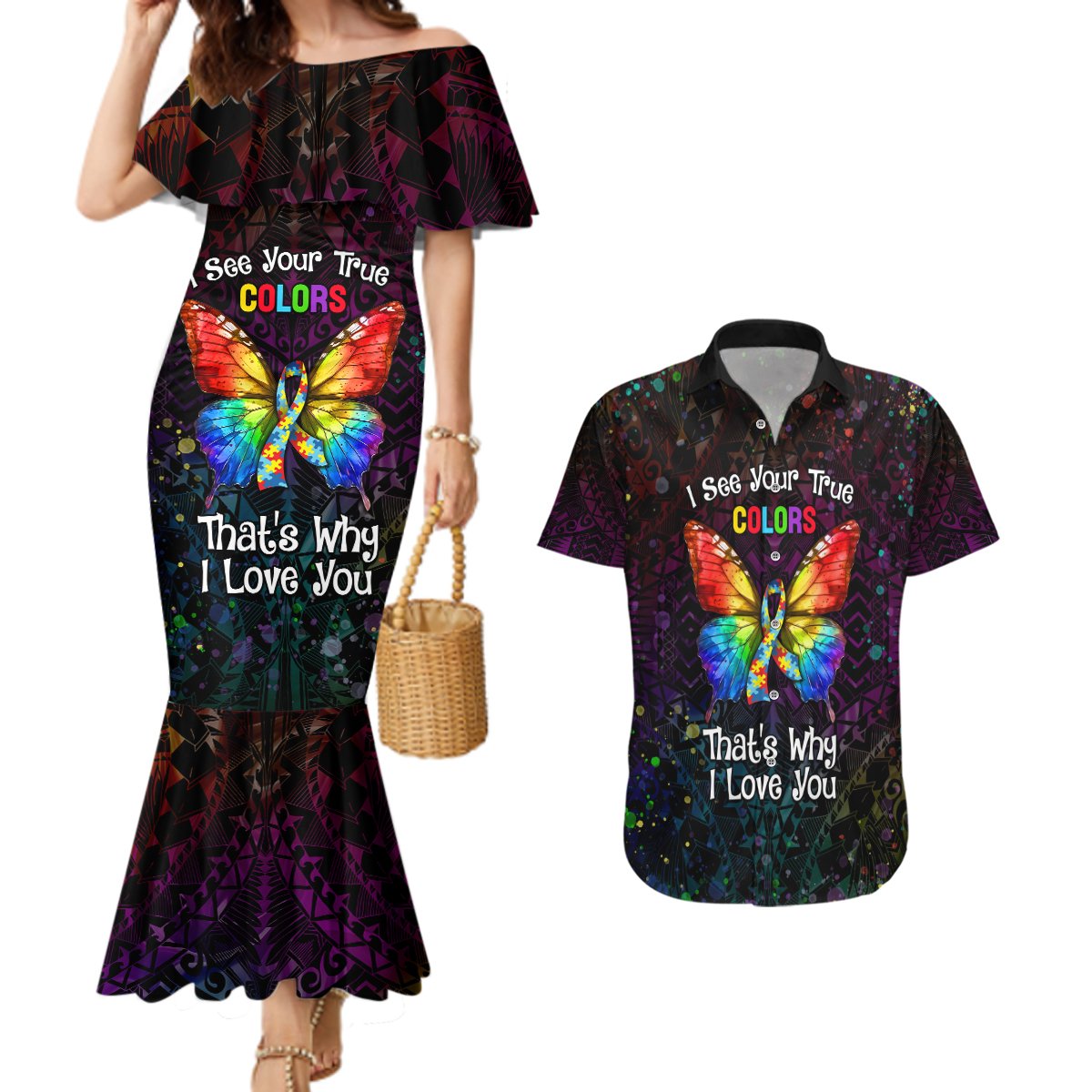 I See Your True Colors Personalised Couples Matching Mermaid Dress and Hawaiian Shirt Autism Awareness LT05 Black - Polynesian Pride