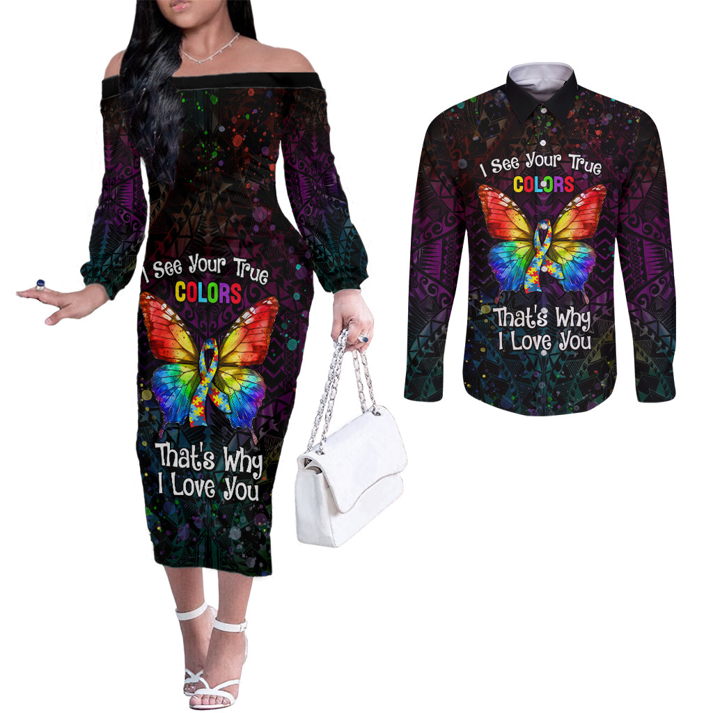 I See Your True Colors Personalised Couples Matching Off The Shoulder Long Sleeve Dress and Long Sleeve Button Shirt Autism Awareness LT05 Black - Polynesian Pride
