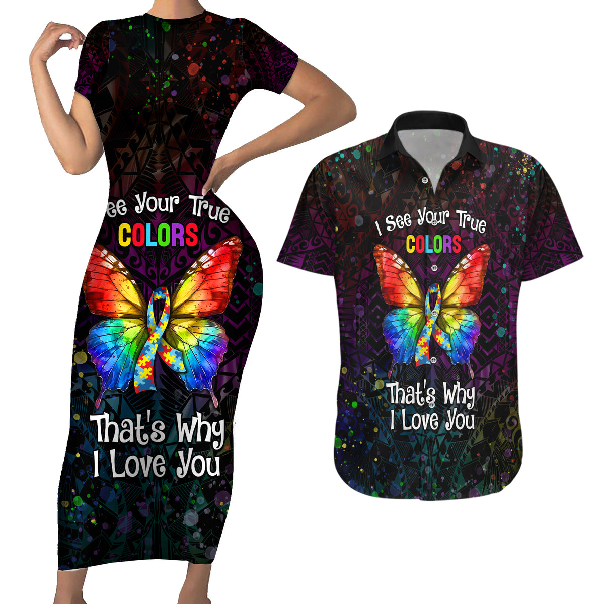 I See Your True Colors Personalised Couples Matching Short Sleeve Bodycon Dress and Hawaiian Shirt Autism Awareness LT05 Black - Polynesian Pride