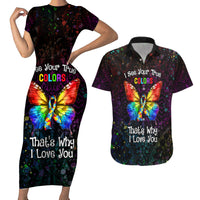 I See Your True Colors Personalised Couples Matching Short Sleeve Bodycon Dress and Hawaiian Shirt Autism Awareness LT05 Black - Polynesian Pride