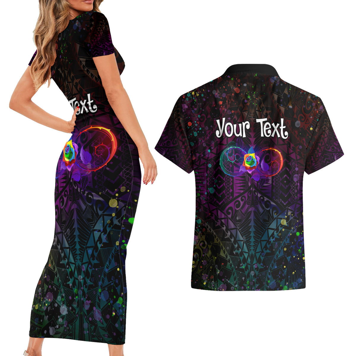 I See Your True Colors Personalised Couples Matching Short Sleeve Bodycon Dress and Hawaiian Shirt Autism Awareness LT05 - Polynesian Pride