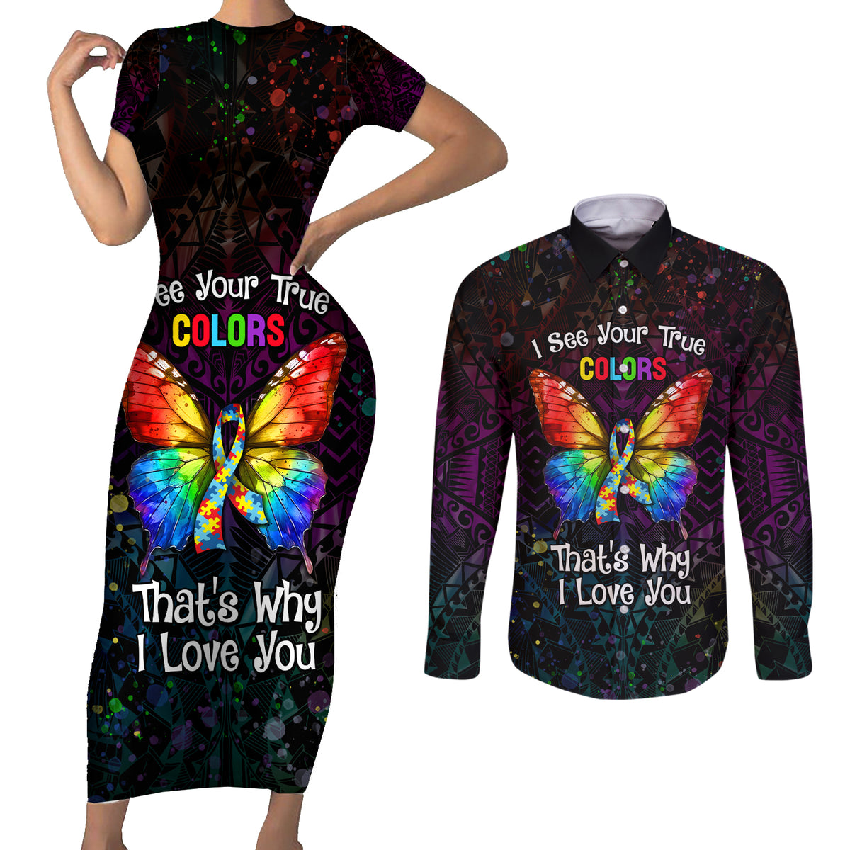 I See Your True Colors Personalised Couples Matching Short Sleeve Bodycon Dress and Long Sleeve Button Shirt Autism Awareness LT05 Black - Polynesian Pride