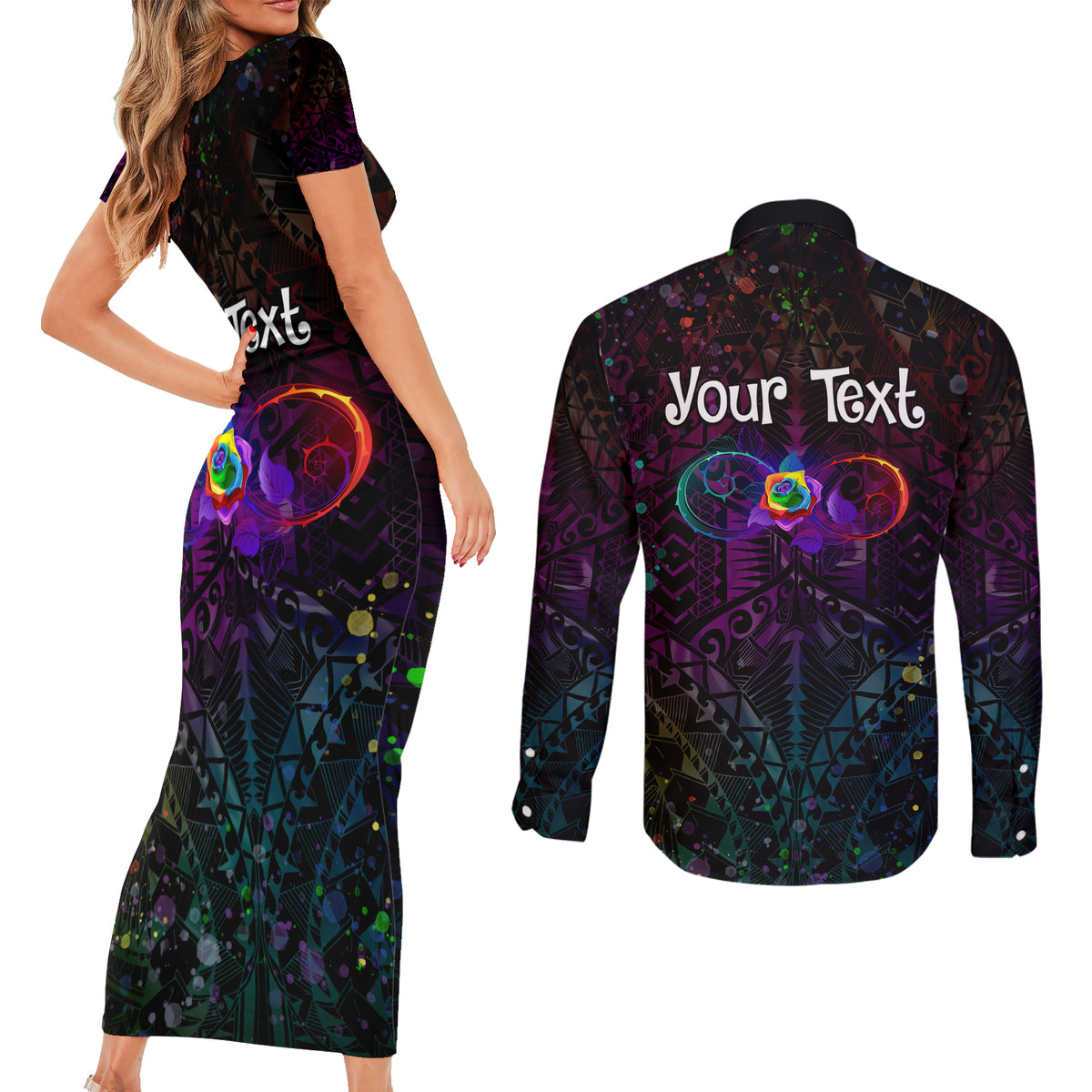 I See Your True Colors Personalised Couples Matching Short Sleeve Bodycon Dress and Long Sleeve Button Shirt Autism Awareness LT05 - Polynesian Pride