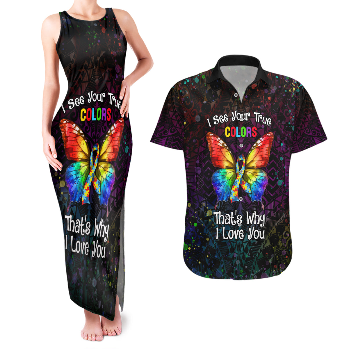 I See Your True Colors Personalised Couples Matching Tank Maxi Dress and Hawaiian Shirt Autism Awareness LT05 Black - Polynesian Pride