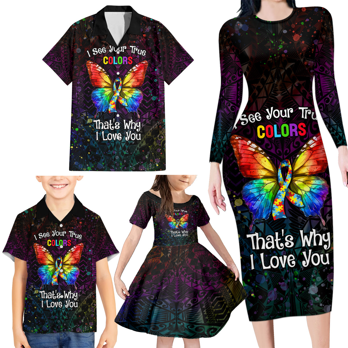 I See Your True Colors Personalised Family Matching Long Sleeve Bodycon Dress and Hawaiian Shirt Autism Awareness LT05 - Polynesian Pride
