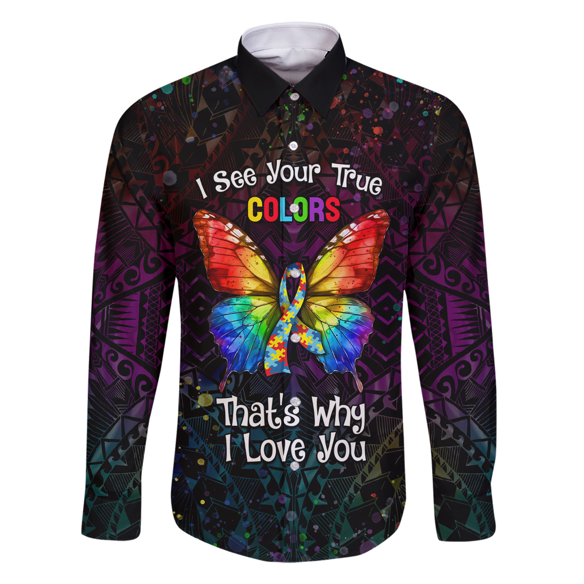 I See Your True Colors Personalised Family Matching Long Sleeve Bodycon Dress and Hawaiian Shirt Autism Awareness LT05 Dad's Shirt - Long Sleeve Black - Polynesian Pride