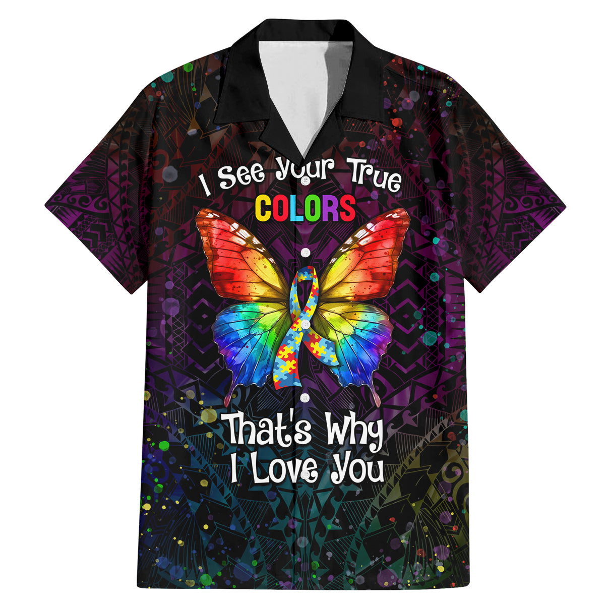 I See Your True Colors Personalised Family Matching Mermaid Dress and Hawaiian Shirt Autism Awareness LT05 Dad's Shirt - Short Sleeve Black - Polynesian Pride