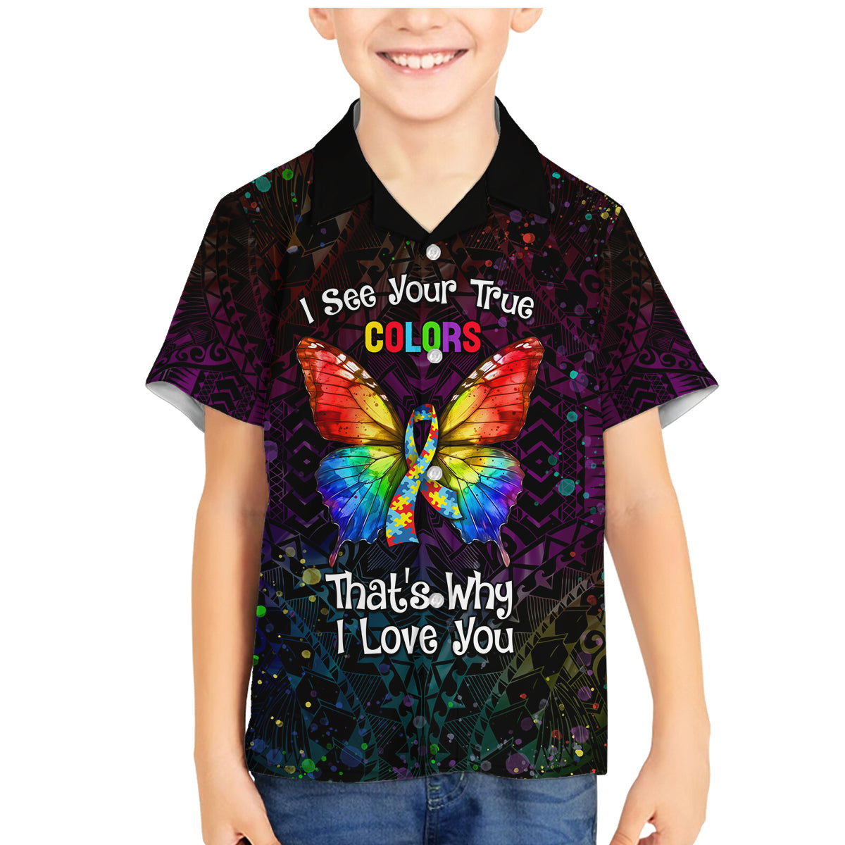 I See Your True Colors Personalised Family Matching Mermaid Dress and Hawaiian Shirt Autism Awareness LT05 Son's Shirt Black - Polynesian Pride