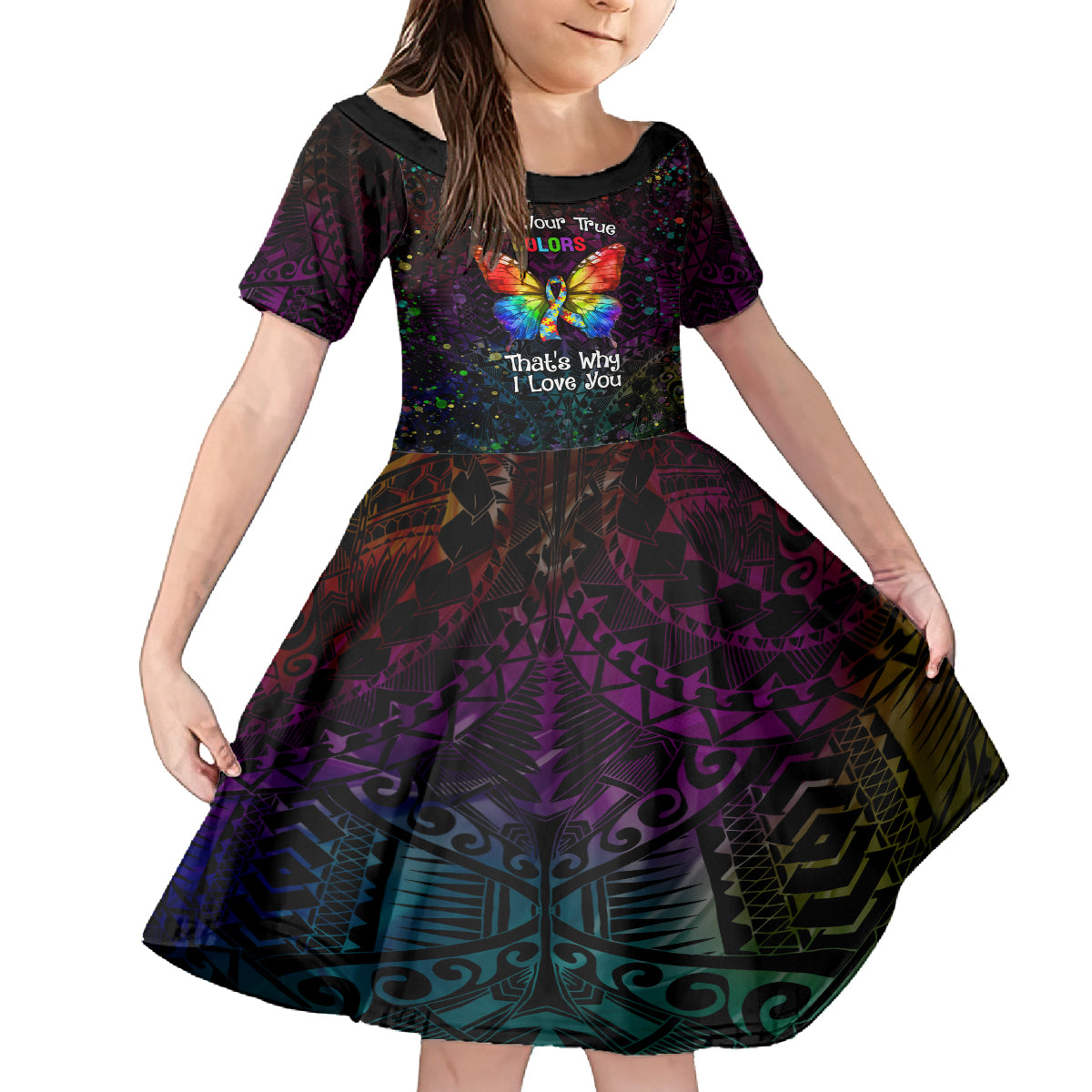 I See Your True Colors Personalised Family Matching Off Shoulder Maxi Dress and Hawaiian Shirt Autism Awareness LT05 Daughter's Dress Black - Polynesian Pride