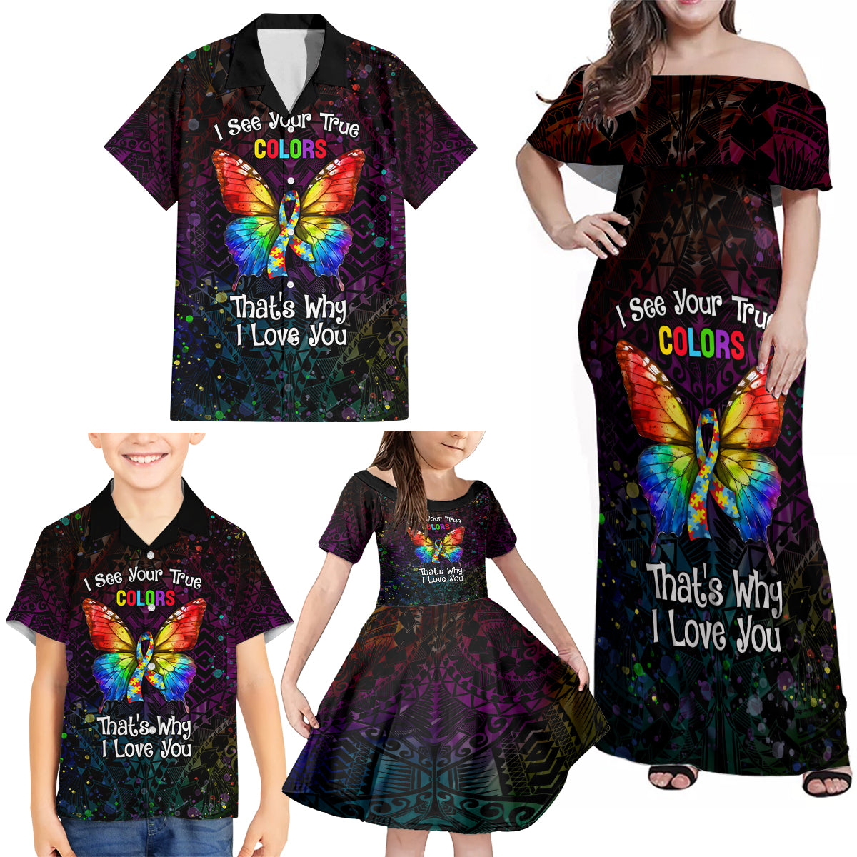 I See Your True Colors Personalised Family Matching Off Shoulder Maxi Dress and Hawaiian Shirt Autism Awareness LT05 - Polynesian Pride