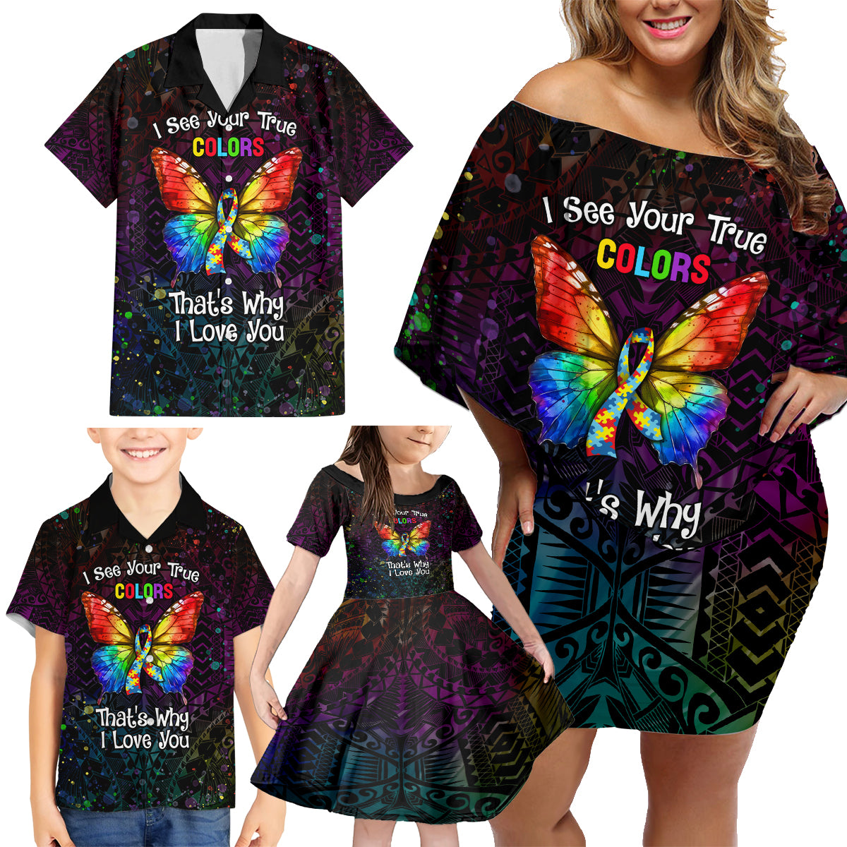 I See Your True Colors Personalised Family Matching Off Shoulder Short Dress and Hawaiian Shirt Autism Awareness LT05 - Polynesian Pride