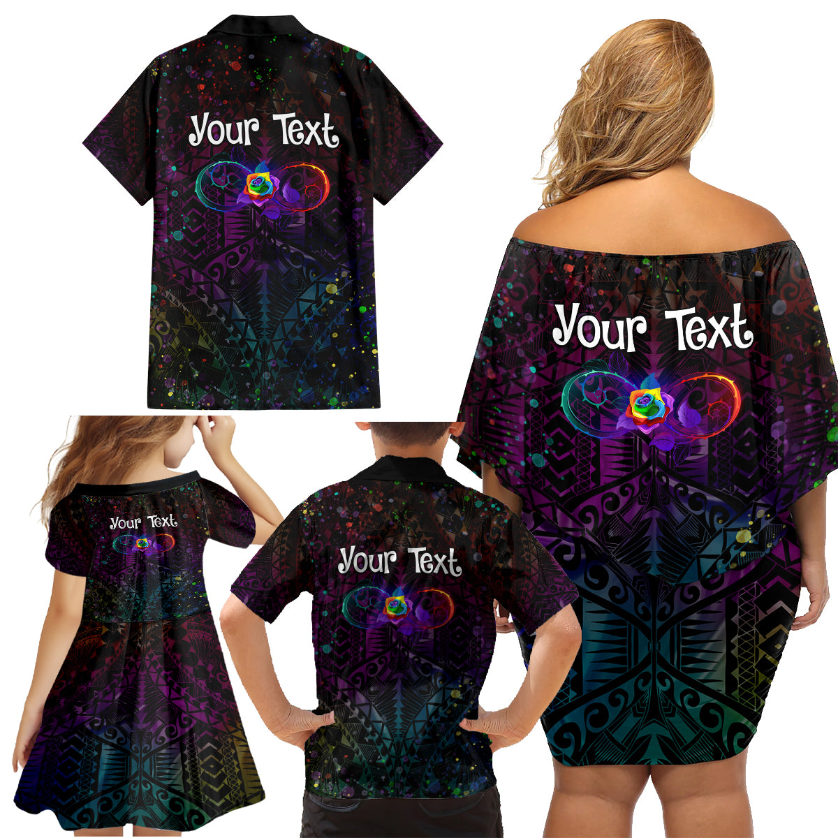 I See Your True Colors Personalised Family Matching Off Shoulder Short Dress and Hawaiian Shirt Autism Awareness LT05 - Polynesian Pride