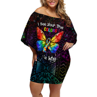 I See Your True Colors Personalised Family Matching Off Shoulder Short Dress and Hawaiian Shirt Autism Awareness LT05 Mom's Dress Black - Polynesian Pride