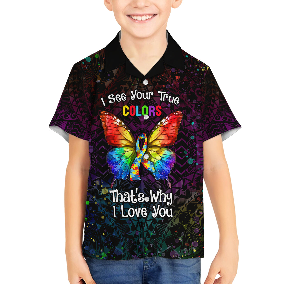 I See Your True Colors Personalised Family Matching Off Shoulder Short Dress and Hawaiian Shirt Autism Awareness LT05 Son's Shirt Black - Polynesian Pride