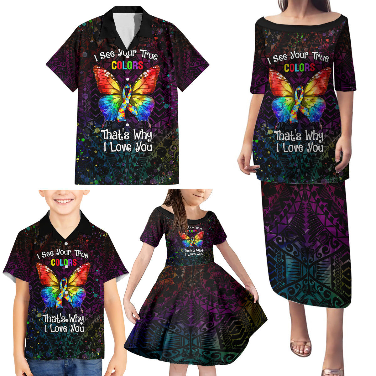 I See Your True Colors Personalised Family Matching Puletasi and Hawaiian Shirt Autism Awareness LT05 - Polynesian Pride