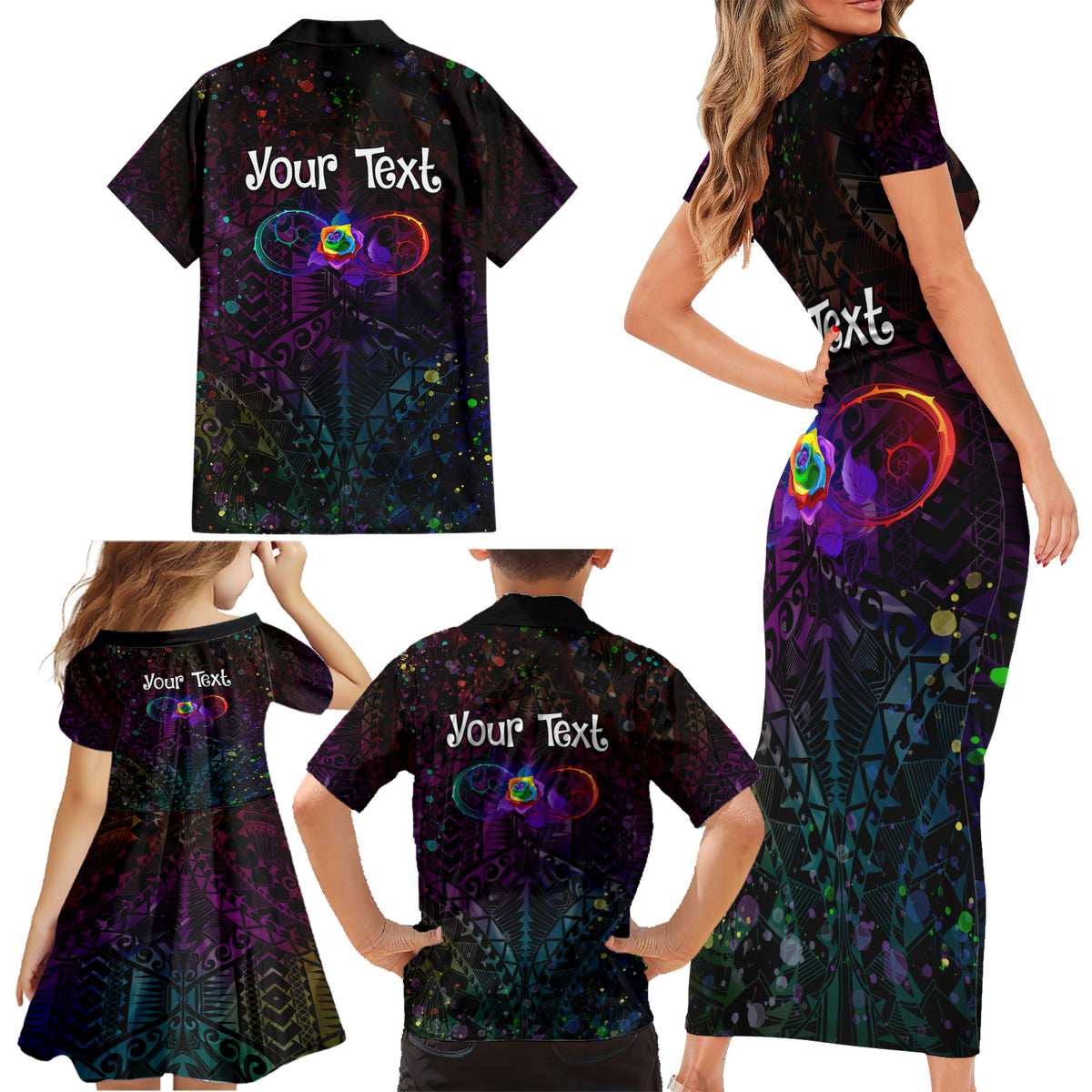 I See Your True Colors Personalised Family Matching Short Sleeve Bodycon Dress and Hawaiian Shirt Autism Awareness LT05 - Polynesian Pride