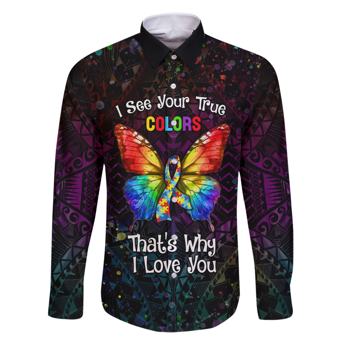 I See Your True Colors Personalised Family Matching Short Sleeve Bodycon Dress and Hawaiian Shirt Autism Awareness LT05 Dad's Shirt - Long Sleeve Black - Polynesian Pride