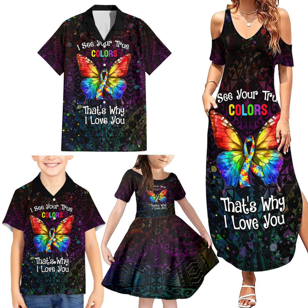 I See Your True Colors Personalised Family Matching Summer Maxi Dress and Hawaiian Shirt Autism Awareness LT05 - Polynesian Pride