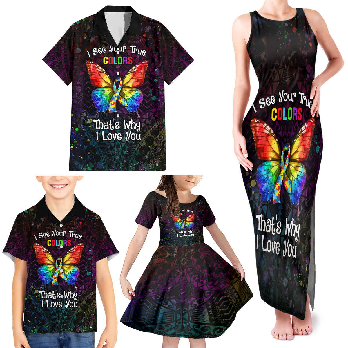 I See Your True Colors Personalised Family Matching Tank Maxi Dress and Hawaiian Shirt Autism Awareness LT05 - Polynesian Pride