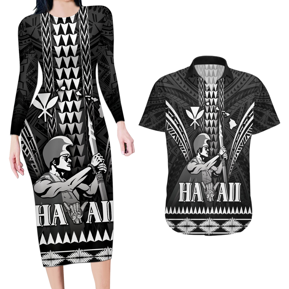 Personalised Hawaii Happy King Kamehameha Day Couples Matching Long Sleeve Bodycon Dress and Hawaiian Shirt Kakau Pattern LT05 Black - Polynesian Pride