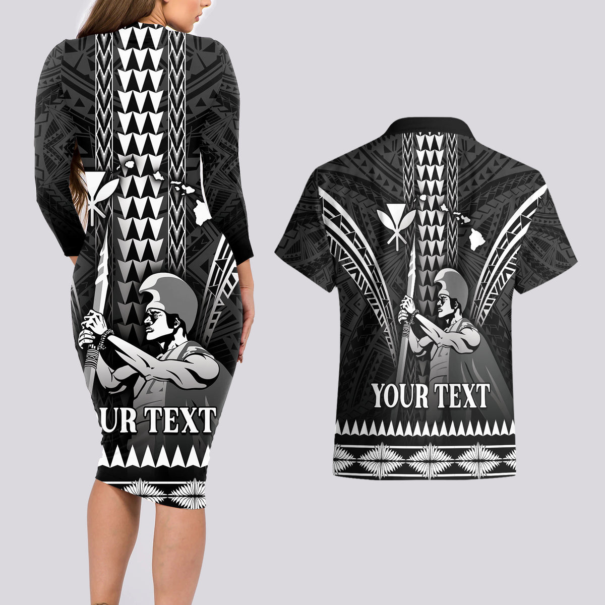Personalised Hawaii Happy King Kamehameha Day Couples Matching Long Sleeve Bodycon Dress and Hawaiian Shirt Kakau Pattern LT05 - Polynesian Pride