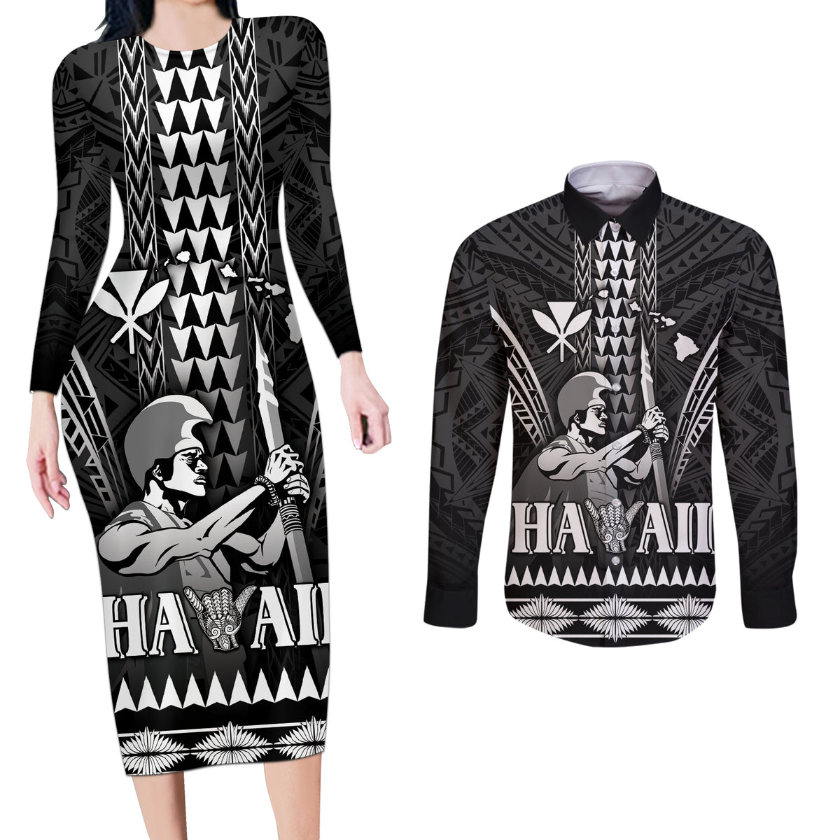Personalised Hawaii Happy King Kamehameha Day Couples Matching Long Sleeve Bodycon Dress and Long Sleeve Button Shirt Kakau Pattern LT05 Black - Polynesian Pride