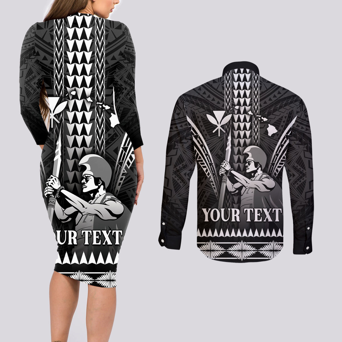 Personalised Hawaii Happy King Kamehameha Day Couples Matching Long Sleeve Bodycon Dress and Long Sleeve Button Shirt Kakau Pattern LT05 - Polynesian Pride