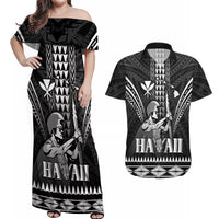 Personalised Hawaii Happy King Kamehameha Day Couples Matching Off Shoulder Maxi Dress and Hawaiian Shirt Kakau Pattern LT05 Black - Polynesian Pride