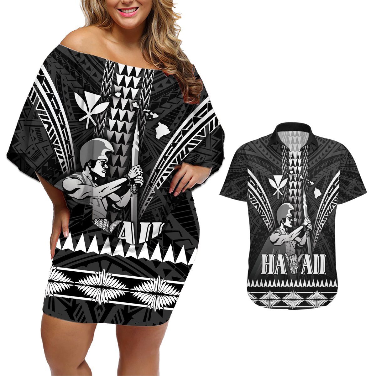 Personalised Hawaii Happy King Kamehameha Day Couples Matching Off Shoulder Short Dress and Hawaiian Shirt Kakau Pattern LT05 Black - Polynesian Pride