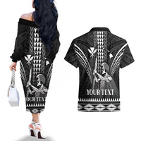 Personalised Hawaii Happy King Kamehameha Day Couples Matching Off The Shoulder Long Sleeve Dress and Hawaiian Shirt Kakau Pattern LT05 - Polynesian Pride