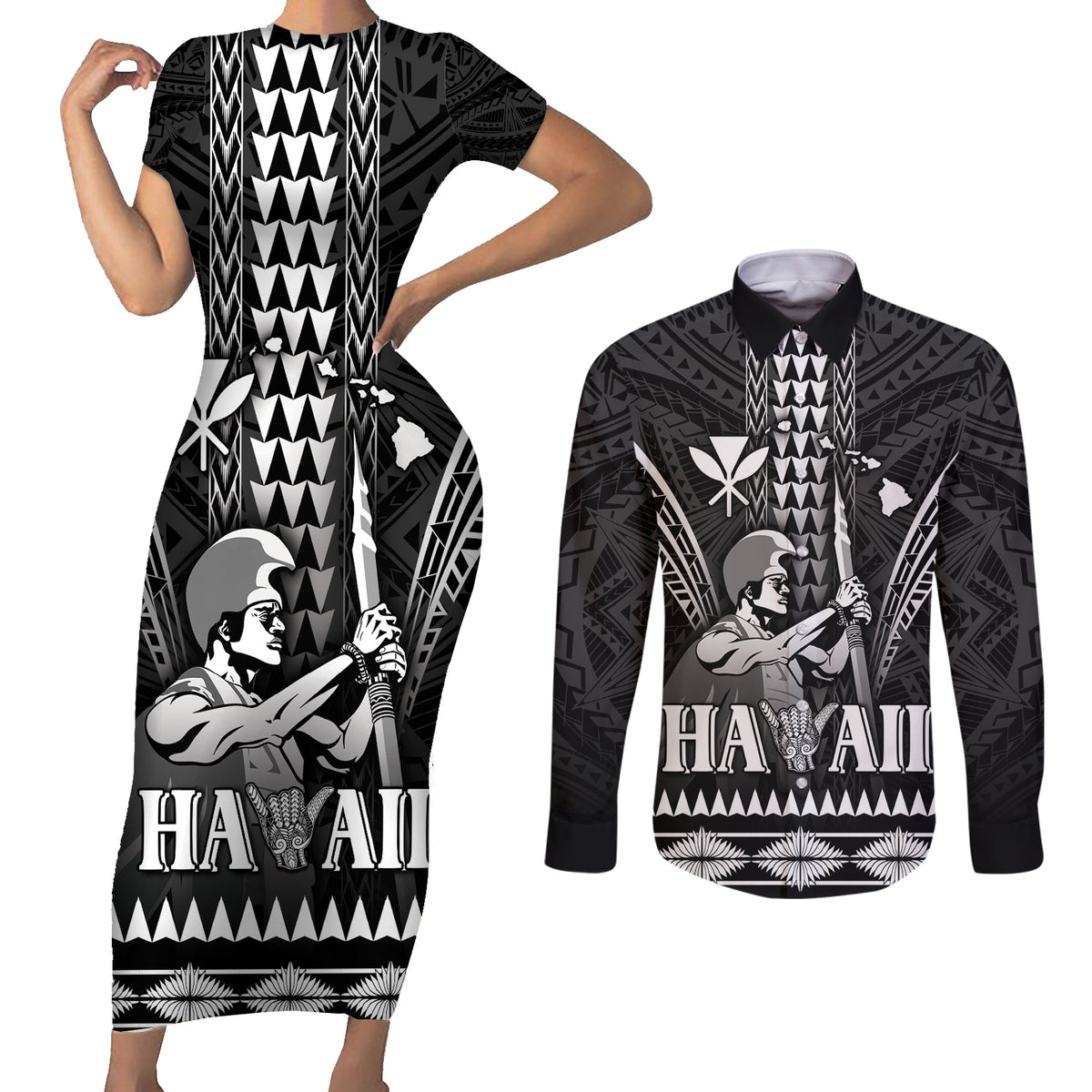 Personalised Hawaii Happy King Kamehameha Day Couples Matching Short Sleeve Bodycon Dress and Long Sleeve Button Shirt Kakau Pattern LT05 Black - Polynesian Pride