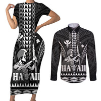 Personalised Hawaii Happy King Kamehameha Day Couples Matching Short Sleeve Bodycon Dress and Long Sleeve Button Shirt Kakau Pattern LT05 Black - Polynesian Pride