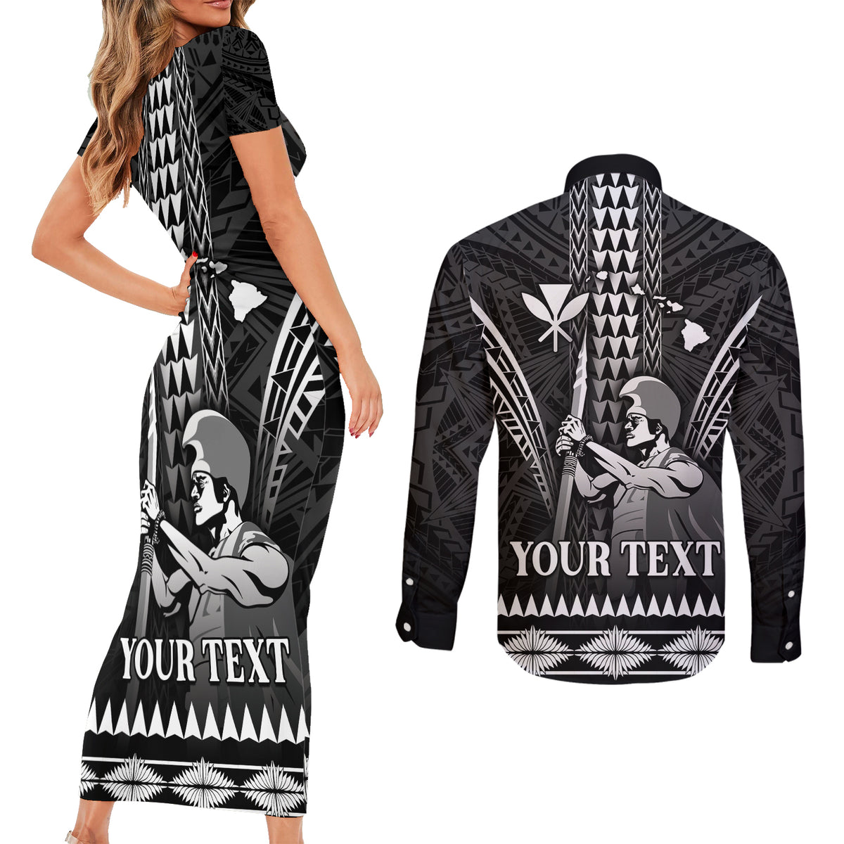 Personalised Hawaii Happy King Kamehameha Day Couples Matching Short Sleeve Bodycon Dress and Long Sleeve Button Shirt Kakau Pattern LT05 - Polynesian Pride