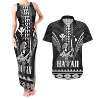 Personalised Hawaii Happy King Kamehameha Day Couples Matching Tank Maxi Dress and Hawaiian Shirt Kakau Pattern LT05 Black - Polynesian Pride