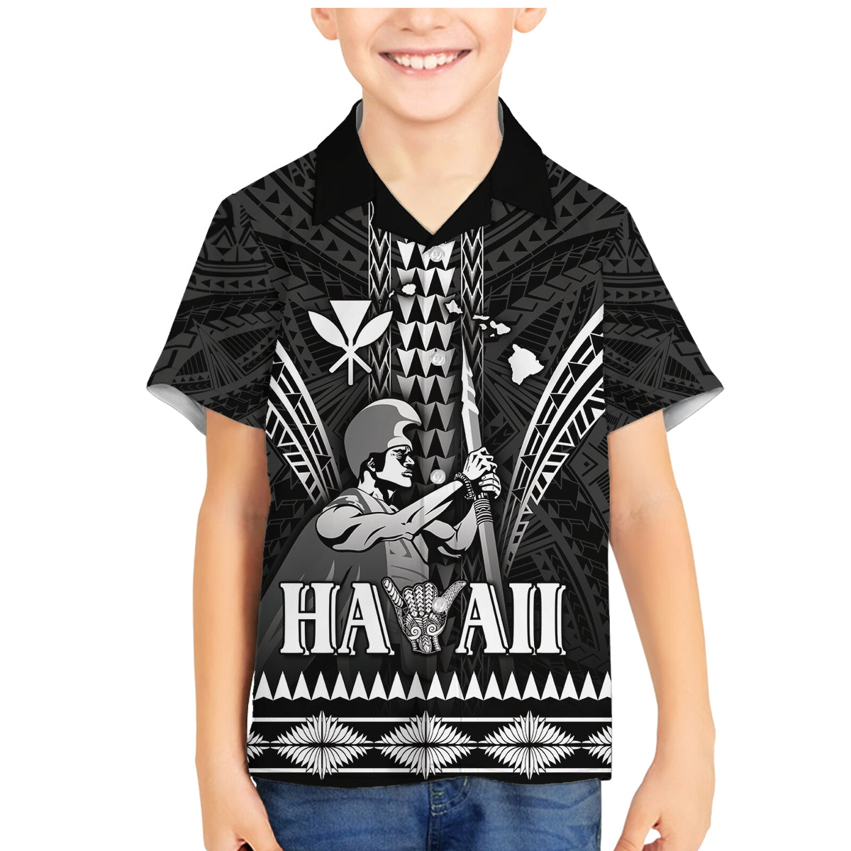 Personalised Hawaii Happy King Kamehameha Day Family Matching Mermaid Dress and Hawaiian Shirt Kakau Pattern LT05 Son's Shirt Black - Polynesian Pride