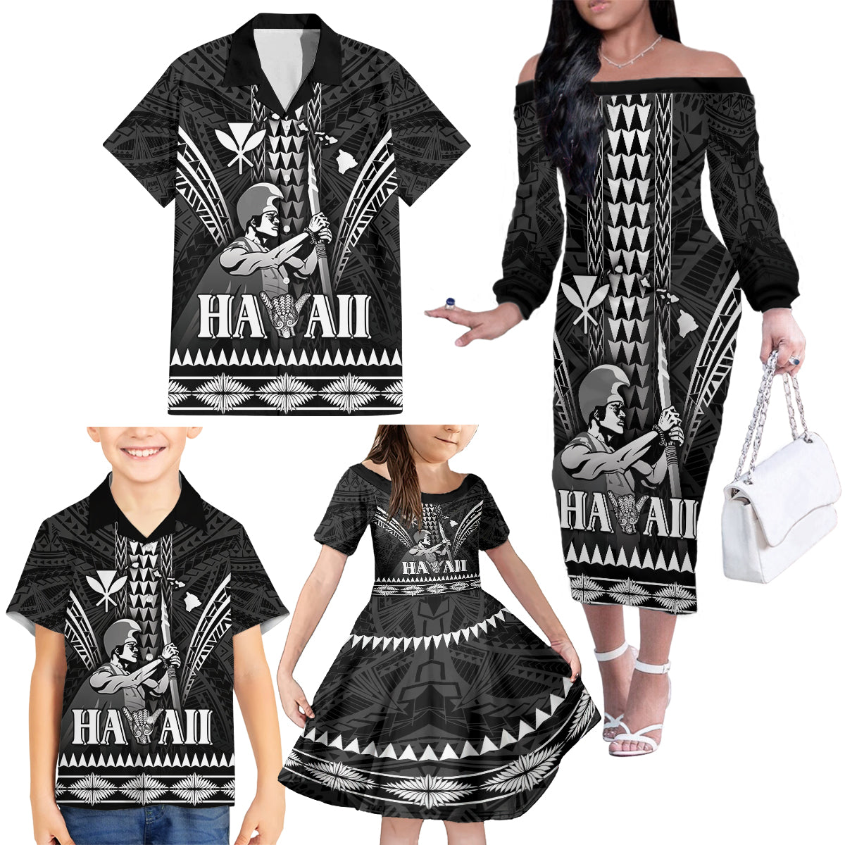 Personalised Hawaii Happy King Kamehameha Day Family Matching Off The Shoulder Long Sleeve Dress and Hawaiian Shirt Kakau Pattern LT05 - Polynesian Pride